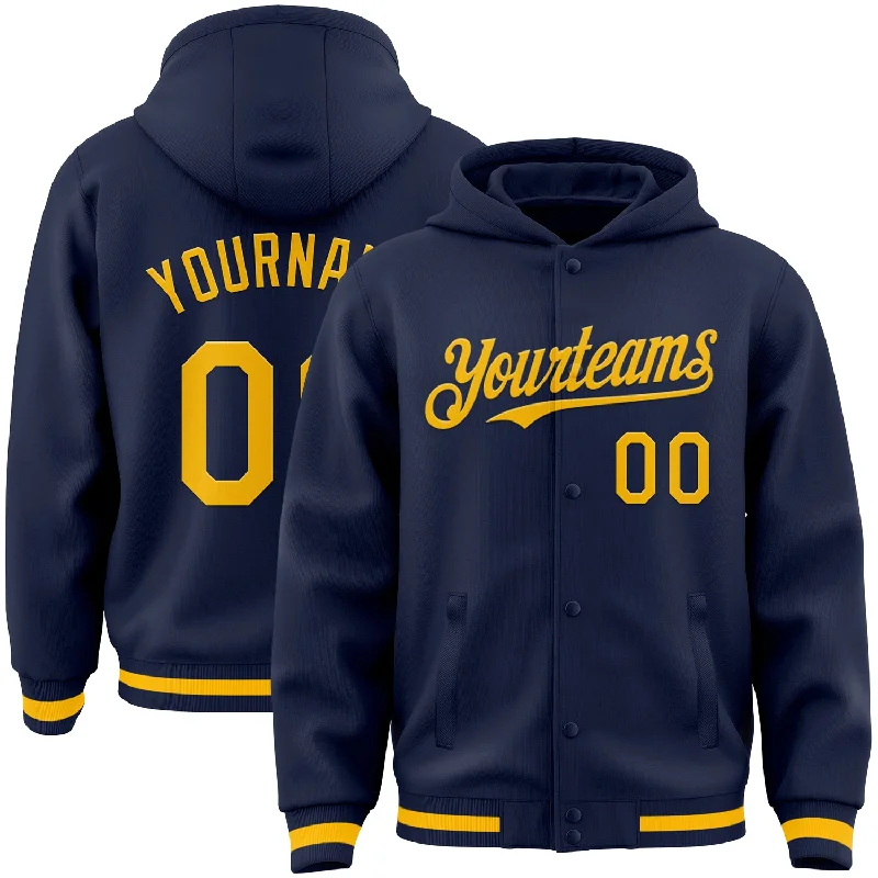 Streetwear Hoodie for Urban Looks-Custom Navy Gold Bomber Full-Snap Varsity Letterman Hoodie Jacket