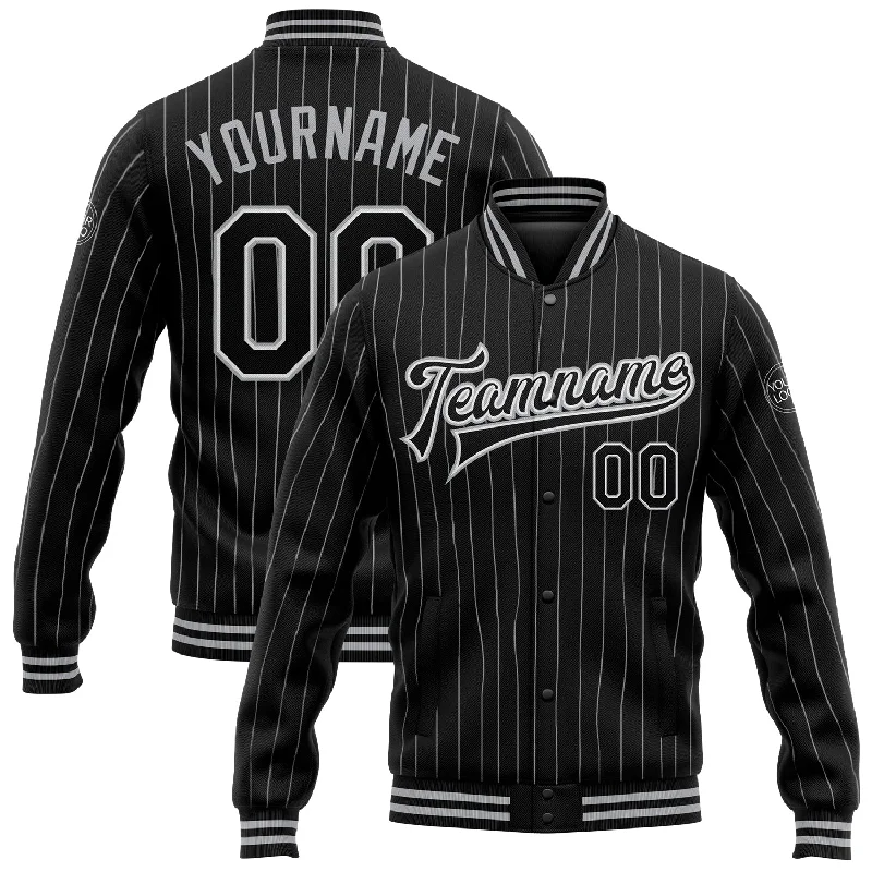 Lightweight Stretch Jacket for Outdoor Activities-Custom Black White Pinstripe Black-Gray Bomber Full-Snap Varsity Letterman Jacket