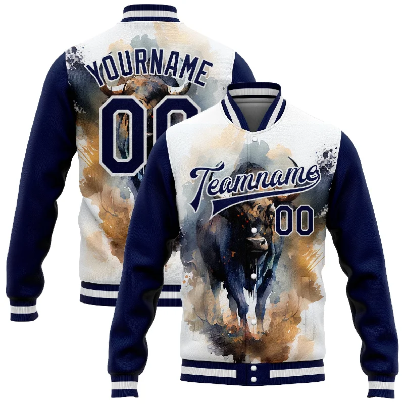 Lightweight Stretch Jacket for Outdoor Activities-Custom White Navy A Bull With Horns 3D Pattern Design Bomber Full-Snap Varsity Letterman Jacket