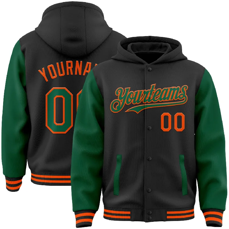 Stylish Hoodie with Bold Prints-Custom Black Kelly Green-Orange Bomber Full-Snap Varsity Letterman Two Tone Hoodie Jacket