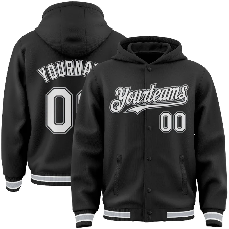 Casual Hoodie for Effortless Fashion-Custom Black White-Gray Bomber Full-Snap Varsity Letterman Hoodie Jacket