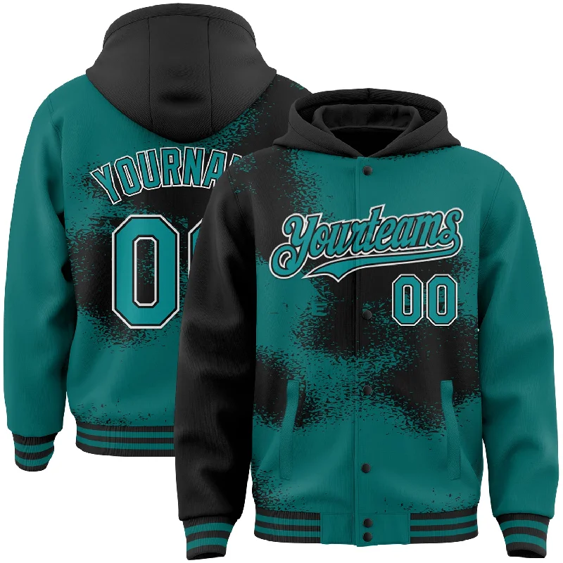 Comfortable Hoodie for Traveling-Custom Teal Black-White Abstract Color Blocks Fragment Art 3D Pattern Design Bomber Full-Snap Varsity Letterman Hoodie Jacket