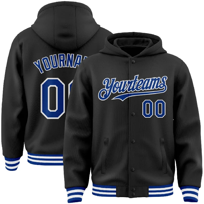 Trendy Oversized Hoodie for Fashionable Looks-Custom Black Royal-White Bomber Full-Snap Varsity Letterman Hoodie Jacket