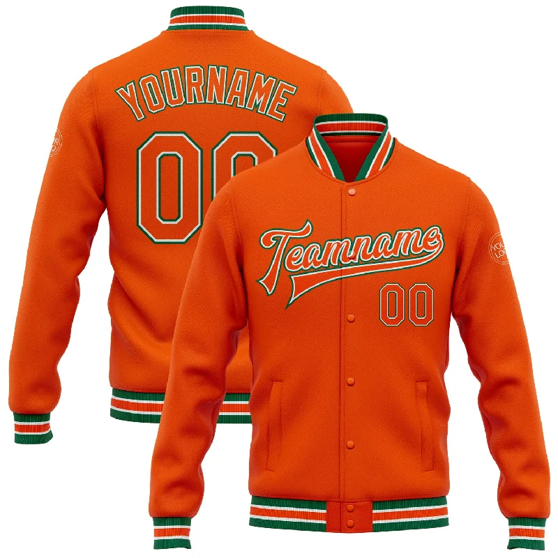 Fashionable Outdoor Jacket for Adventure Lovers-Custom Orange White-Kelly Green Bomber Full-Snap Varsity Letterman Jacket