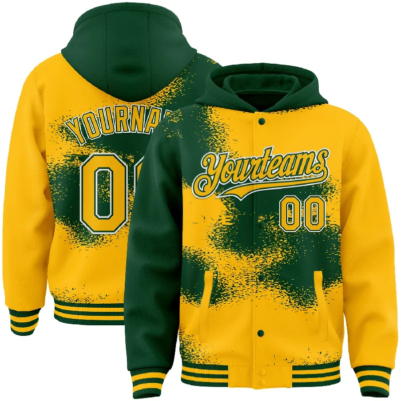 Trendy Oversized Hoodie for Fashionable Looks-Custom Gold Green-White Abstract Color Blocks Fragment Art 3D Pattern Design Bomber Full-Snap Varsity Letterman Hoodie Jacket