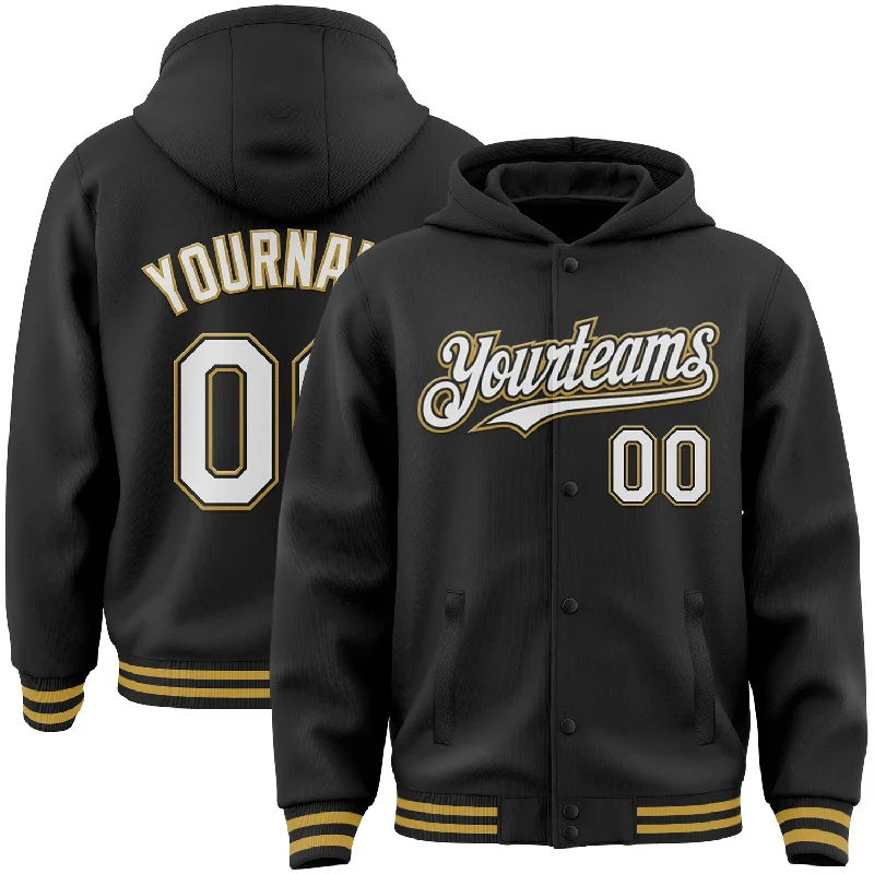 Hoodie with Bold Colors for Eye-Catching Style-Custom Black White-Old Gold Bomber Full-Snap Varsity Letterman Hoodie Jacket