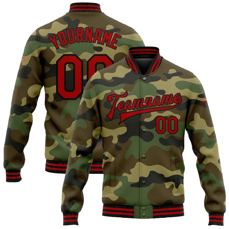 Comfortable Everyday Fleece Jacket for Casual Wear-Custom Camo Red-Black Bomber Full-Snap Varsity Letterman Salute To Service Jacket