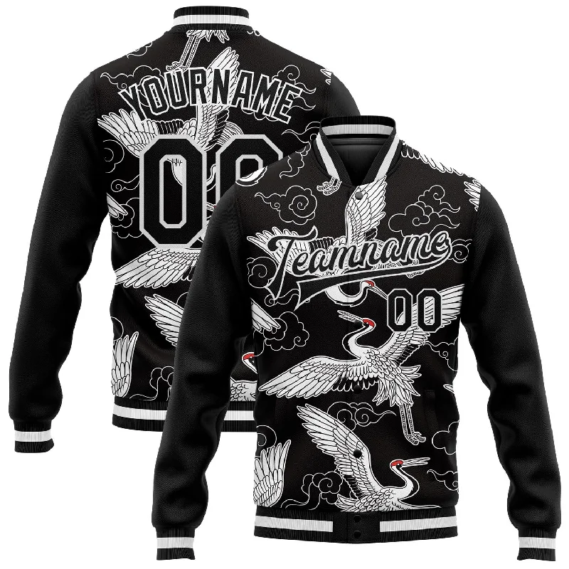 Comfortable Travel Jacket for Adventure Trips-Custom Black White Heron And Cloud 3D Pattern Design Bomber Full-Snap Varsity Letterman Jacket