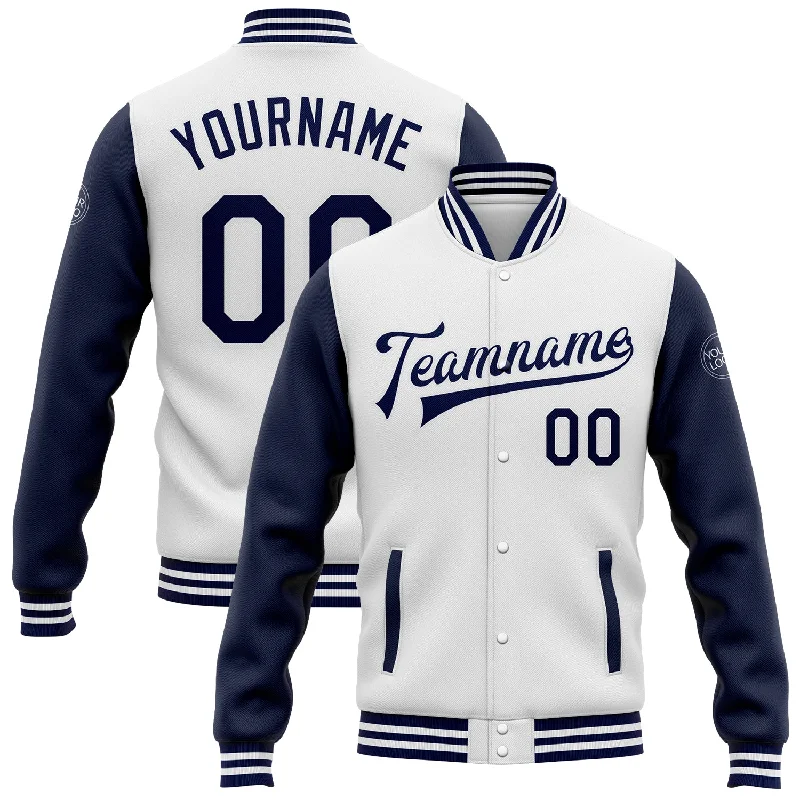 Fleece-Lined Winter Jacket for Extra Warmth-Custom White Navy Bomber Full-Snap Varsity Letterman Two Tone Jacket