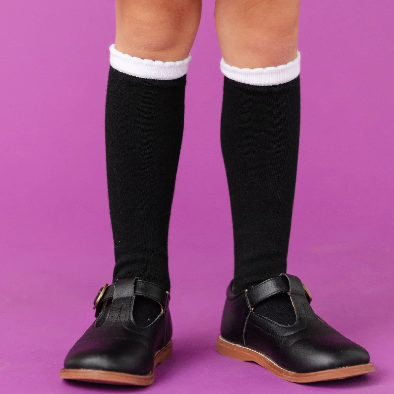 Cushioned Performance Socks for Sports Enthusiasts-Scalloped Knee High Socks - Black/White