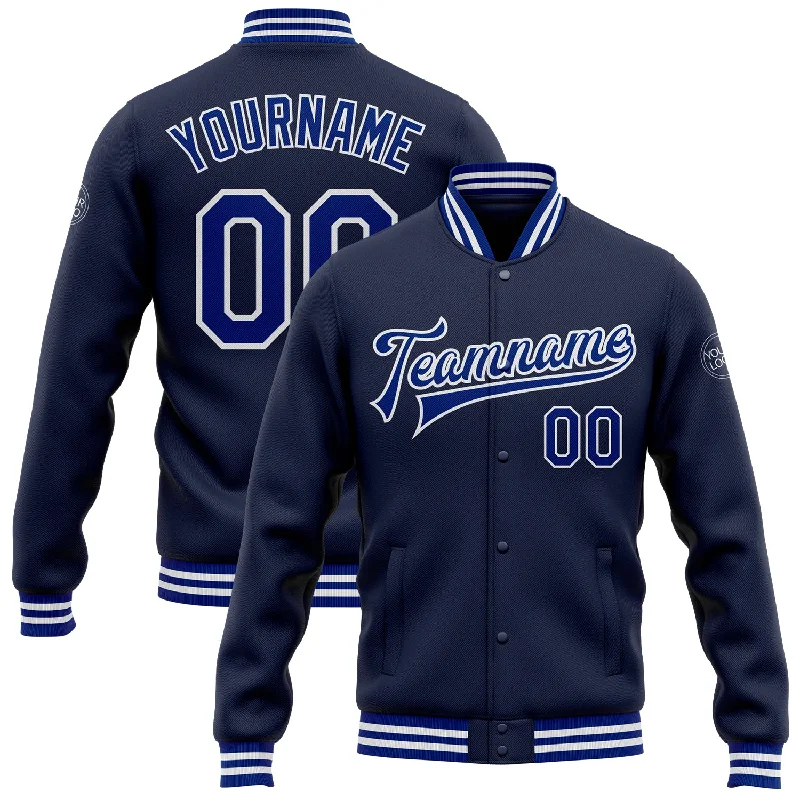 Elegant Wool Blazer Jacket for Professional Looks-Custom Navy Royal-White Bomber Full-Snap Varsity Letterman Jacket