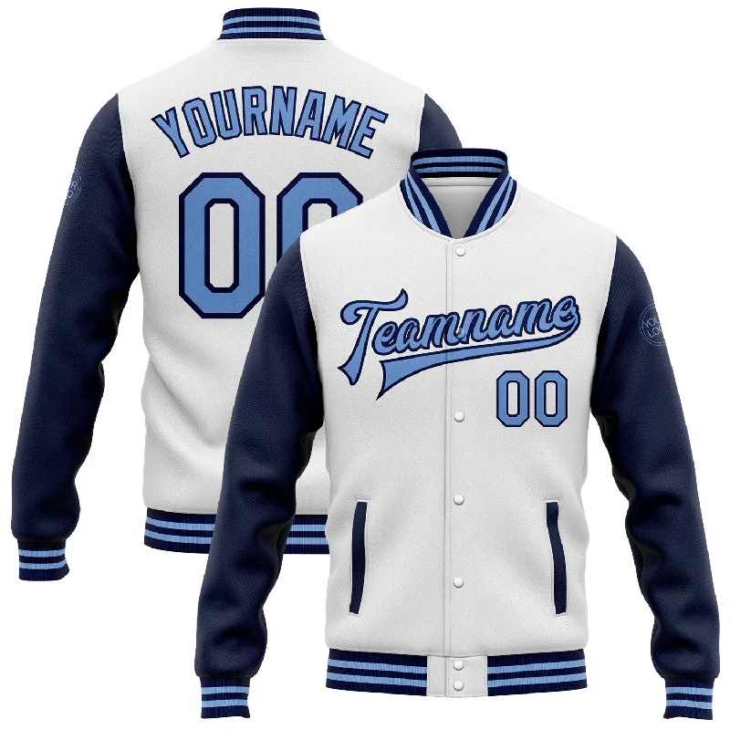 Warm Puffer Jacket for Winter Comfort-Custom White Light Blue-Navy Bomber Full-Snap Varsity Letterman Two Tone Jacket