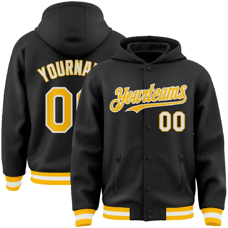 Warm Hoodie for Cold Mornings-Custom Black Gold-White Bomber Full-Snap Varsity Letterman Hoodie Jacket