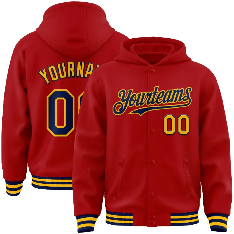 Hoodie with Bold Colors for Eye-Catching Style-Custom Red Navy-Gold Bomber Full-Snap Varsity Letterman Hoodie Jacket