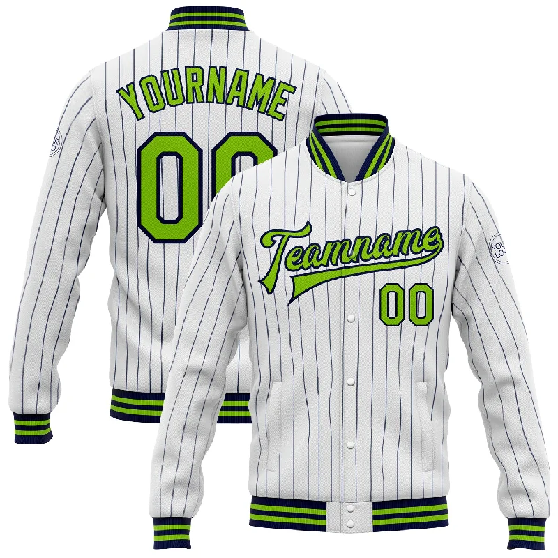 Minimalist Zip-Up Jacket for Sports and Street Style-Custom White Navy Pinstripe Neon Green Bomber Full-Snap Varsity Letterman Jacket