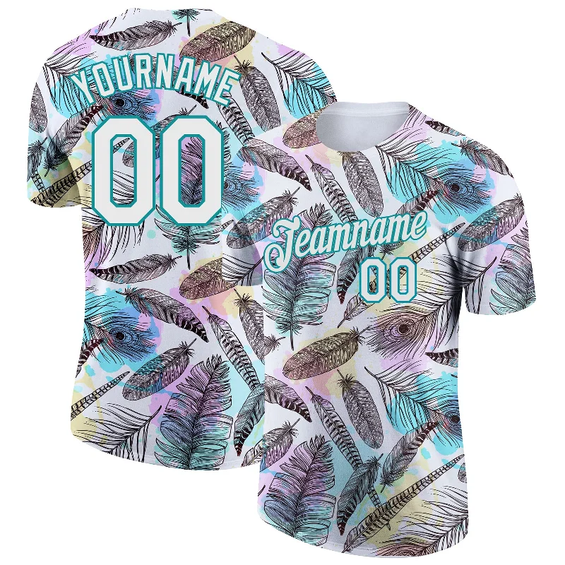 High-Quality Cotton T-Shirt for Long-Lasting Wear-Custom White Teal 3D Pattern Design Feathers Performance T-Shirt