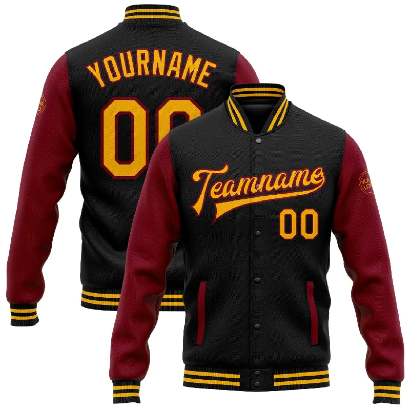 Classic Suede Jacket for Stylish Warmth-Custom Black Gold-Crimson Bomber Full-Snap Varsity Letterman Two Tone Jacket