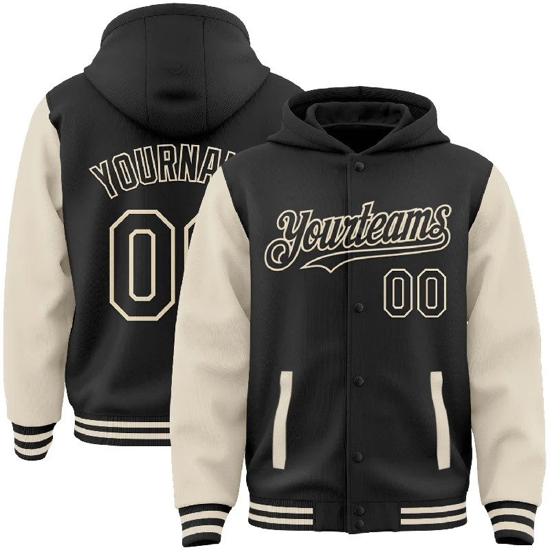 Soft French Terry Hoodie for Gentle Touch-Custom Black Cream Bomber Full-Snap Varsity Letterman Two Tone Hoodie Jacket