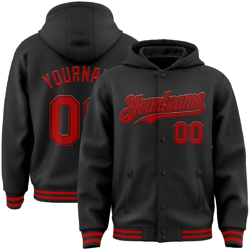 Comfortable Hoodie with a Relaxed Fit-Custom Black Red Bomber Full-Snap Varsity Letterman Hoodie Jacket