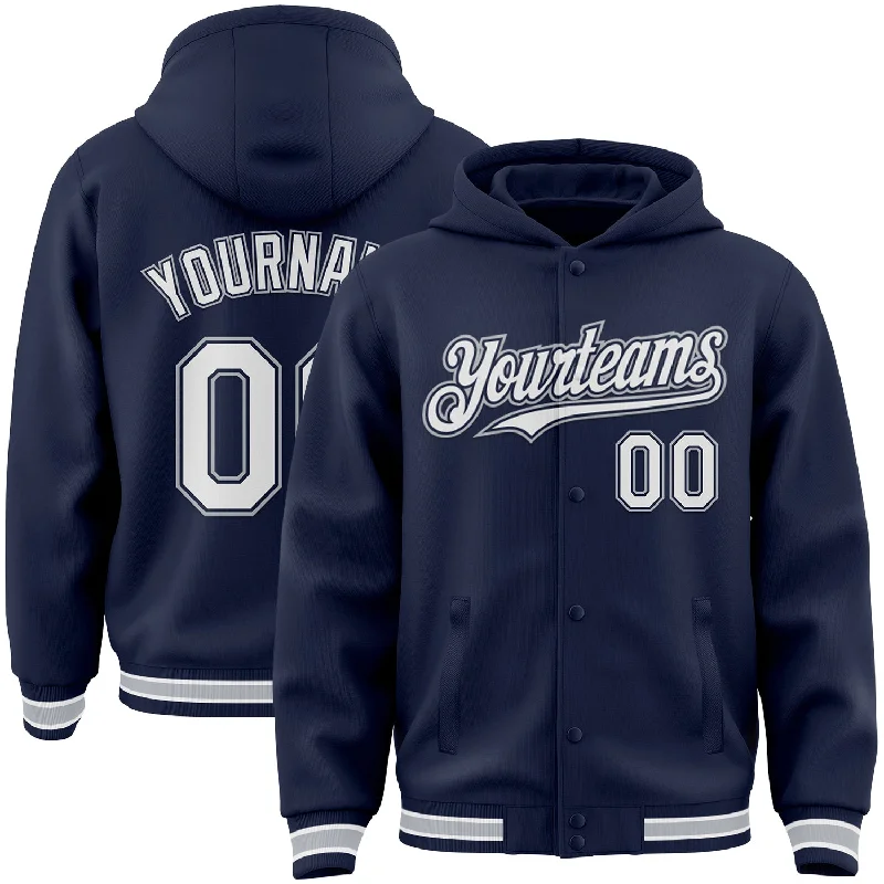 Performance Hoodie for Sports and Workouts-Custom Navy White-Gray Bomber Full-Snap Varsity Letterman Hoodie Jacket