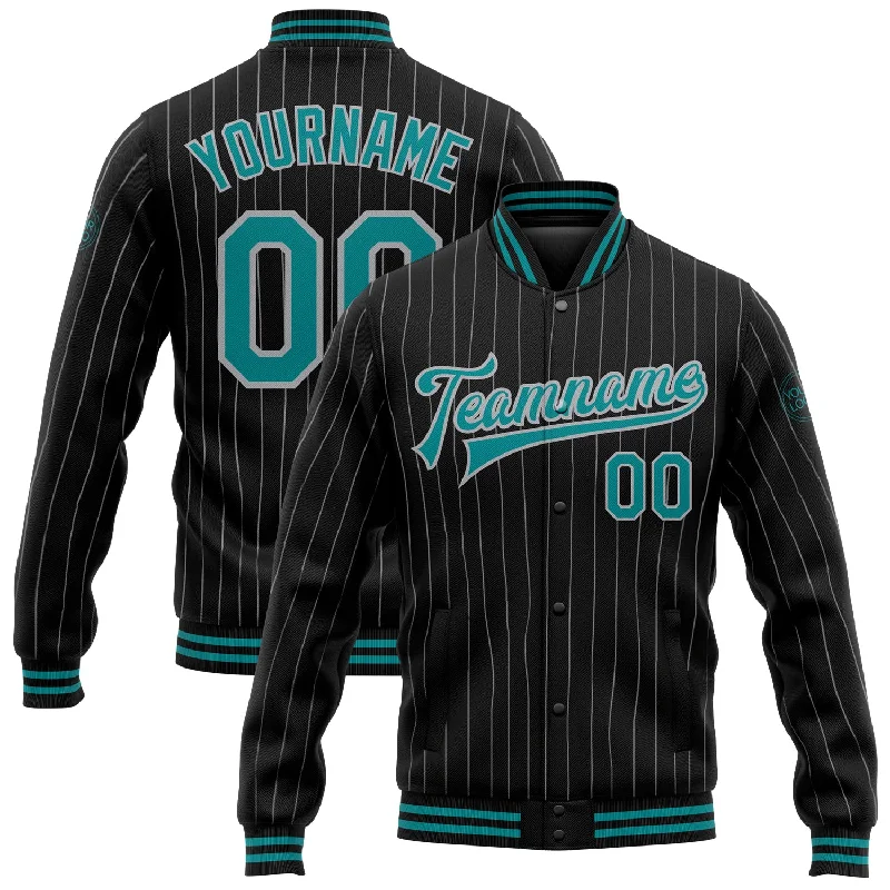 Soft Wool Jacket for Comfy Everyday Style-Custom Black Gray Pinstripe Teal Bomber Full-Snap Varsity Letterman Jacket