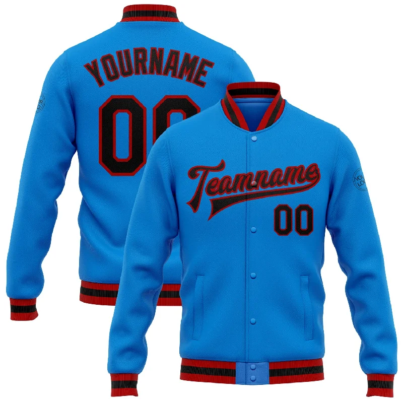 Stylish Moto Jacket for Edgy Looks-Custom Powder Blue Black-Red Bomber Full-Snap Varsity Letterman Jacket