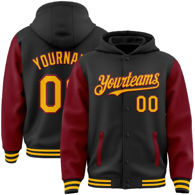 Customizable Hoodie for Personalized Styles-Custom Black Gold-Crimson Bomber Full-Snap Varsity Letterman Two Tone Hoodie Jacket