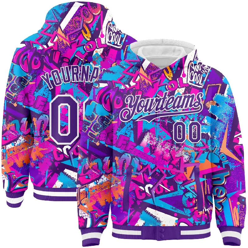 Practical Hoodie for All-Day Wear-Custom Graffiti Pattern Purple-White Splash 3D Bomber Full-Snap Varsity Letterman Hoodie Jacket