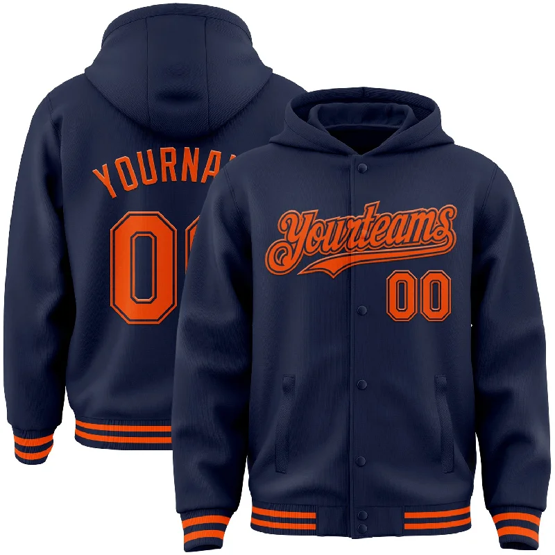 Comfortable Hoodie for Loungewear-Custom Navy Orange Bomber Full-Snap Varsity Letterman Hoodie Jacket