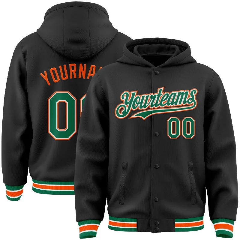 Relaxed Fit Hoodie for Casual Comfort-Custom Black Kelly Green-Orange Bomber Full-Snap Varsity Letterman Hoodie Jacket