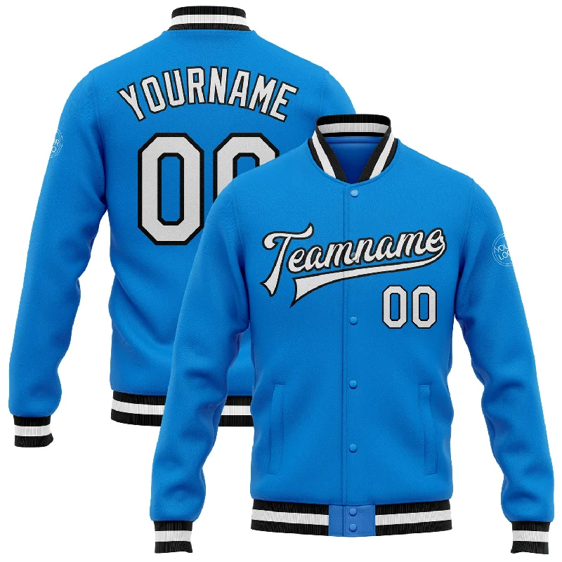 Stylish Faux Fur Jacket for Cold Weather Fashion-Custom Powder Blue White-Black Bomber Full-Snap Varsity Letterman Jacket