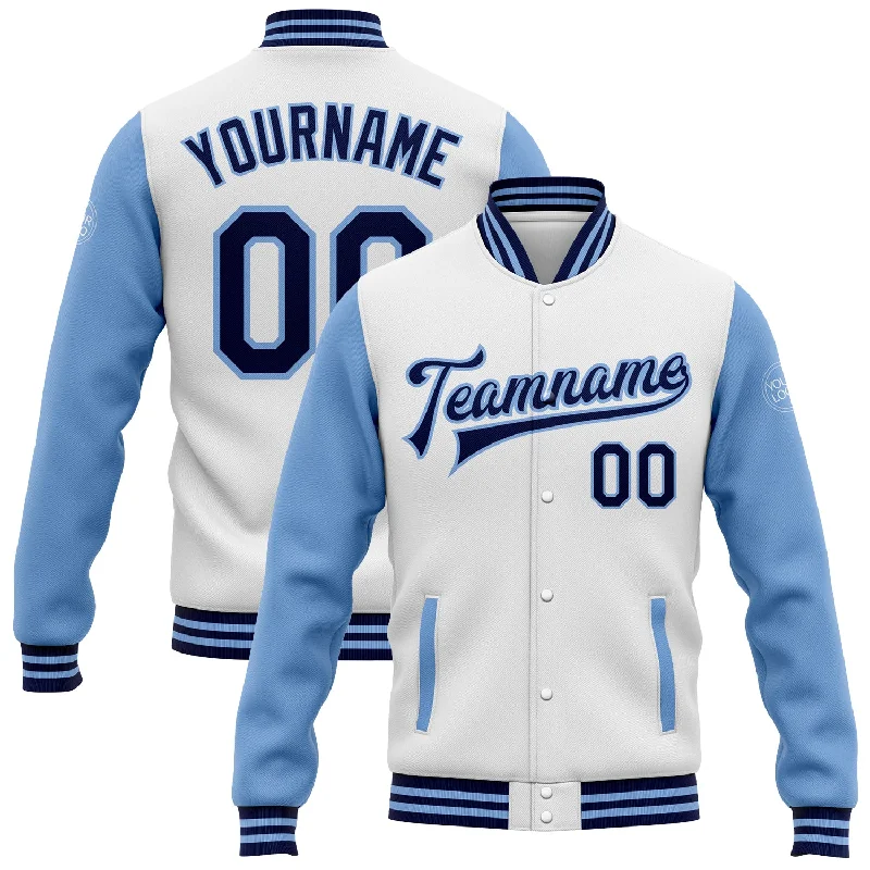 Stylish Faux Fur Jacket for Cold Weather Fashion-Custom White Navy-Light Blue Bomber Full-Snap Varsity Letterman Two Tone Jacket