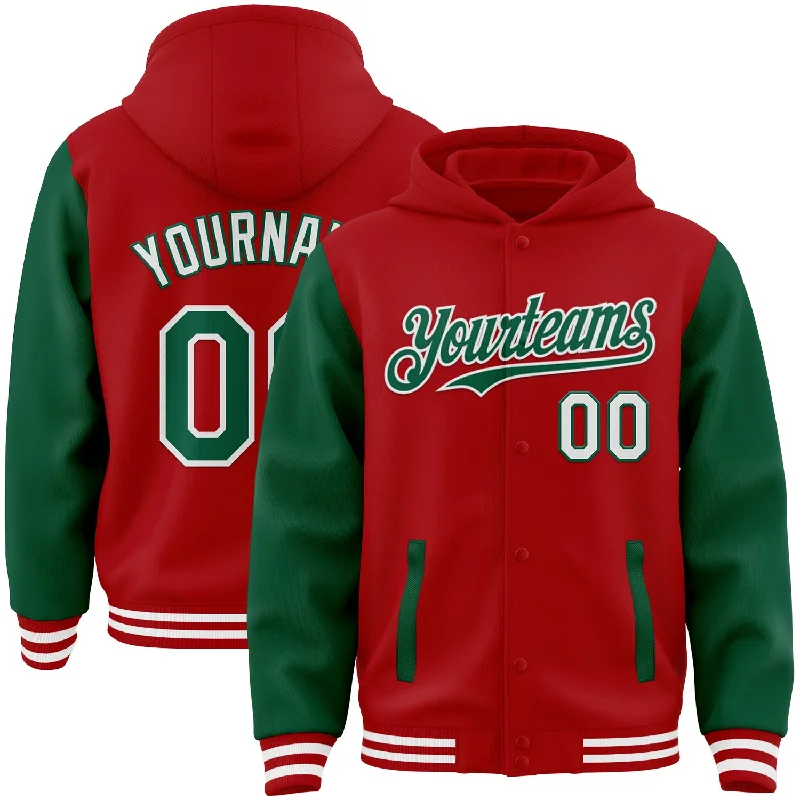 Soft French Terry Hoodie for Gentle Touch-Custom Red Kelly Green-White Bomber Full-Snap Varsity Letterman Two Tone Hoodie Jacket