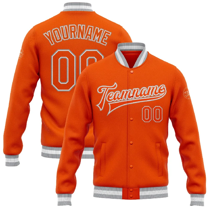 Light Windproof Jacket for Outdoor Adventures-Custom Orange White-Gray Bomber Full-Snap Varsity Letterman Jacket