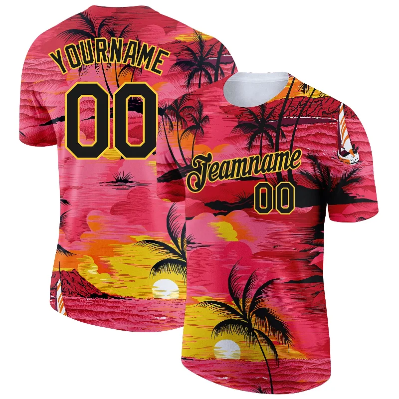 Classic Henley T-Shirt for Casual Wear-Custom Red Black-Gold 3D Pattern Design Sun Beach Hawaii Palm Trees Performance T-Shirt