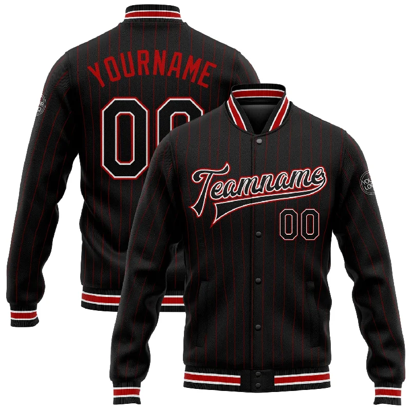 Waterproof Running Jacket for Active Days-Custom Black Red Pinstripe White Bomber Full-Snap Varsity Letterman Jacket