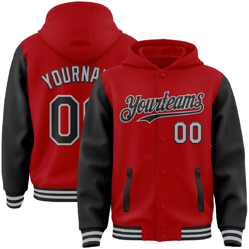 Comfortable Hoodie for Traveling-Custom Red Black-Gray Bomber Full-Snap Varsity Letterman Two Tone Hoodie Jacket