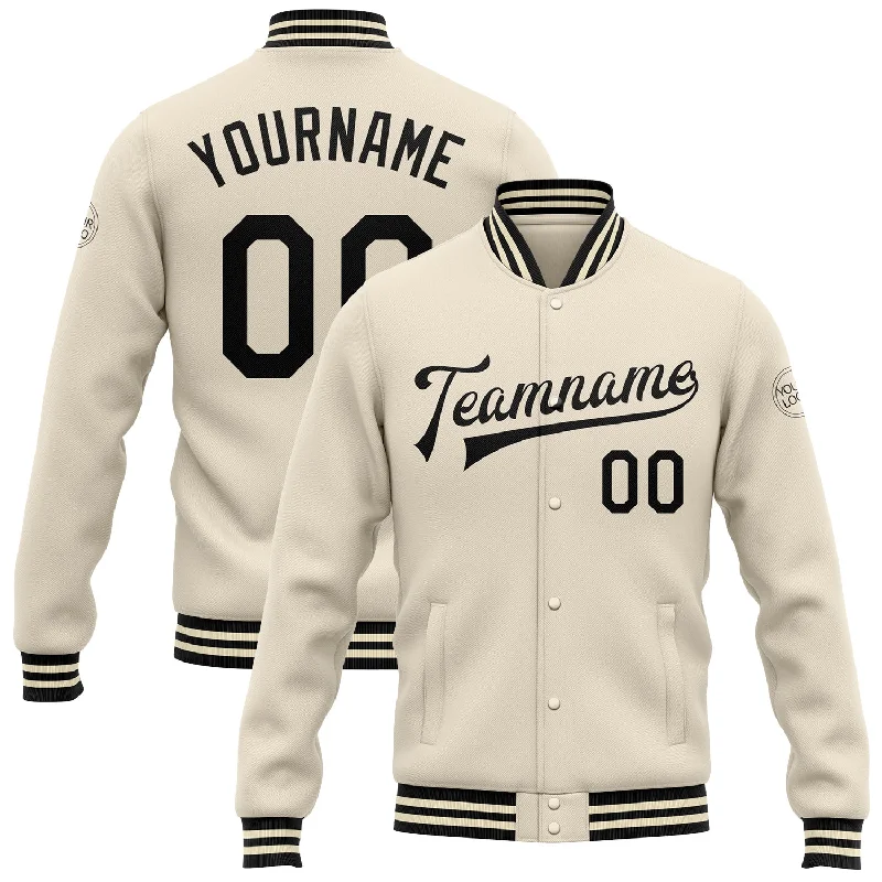 Breathable Mesh Jacket for Warm Weather-Custom Cream Black Bomber Full-Snap Varsity Letterman Jacket