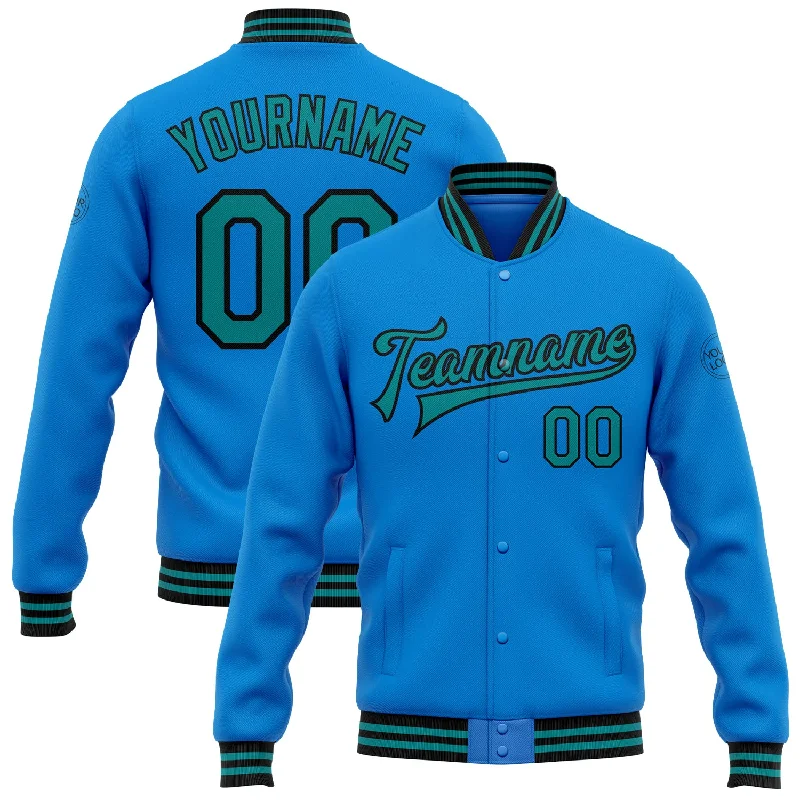 Classic Military Jacket for Everyday Looks-Custom Powder Blue Teal-Black Bomber Full-Snap Varsity Letterman Jacket