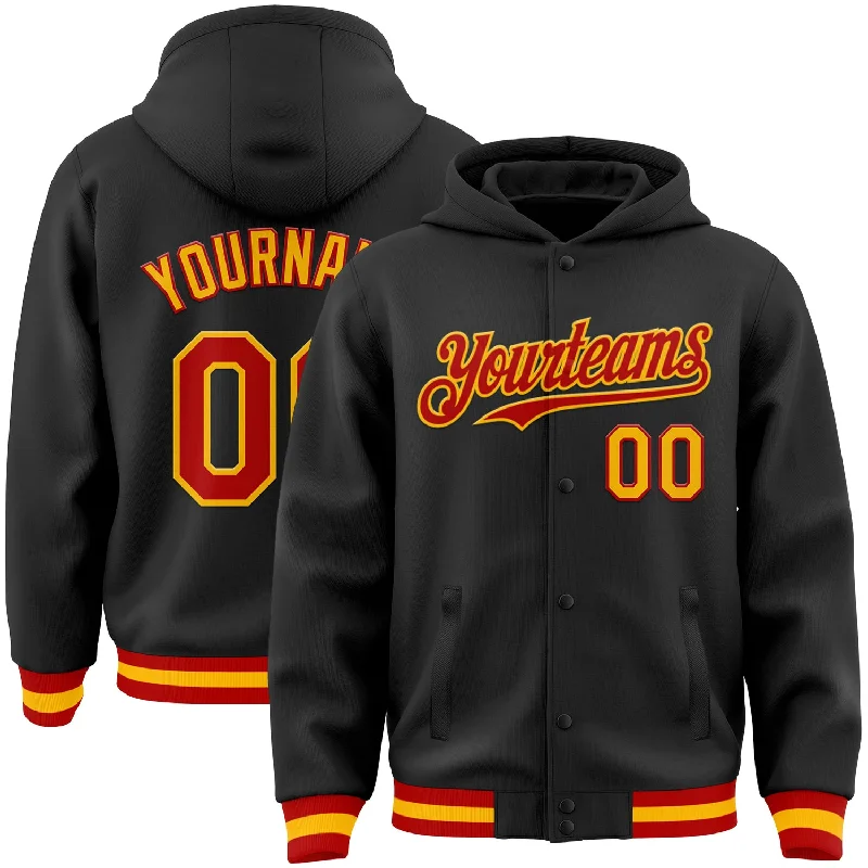 Trendy Pullover Hoodie for Effortless Style-Custom Black Red-Gold Bomber Full-Snap Varsity Letterman Hoodie Jacket