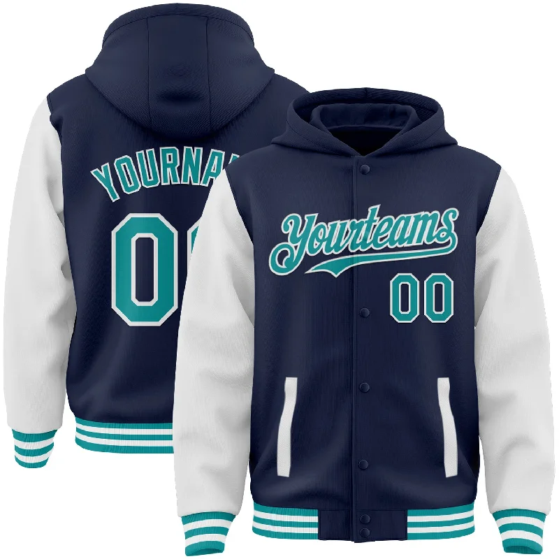 Comfortable Hoodie for Post-Workout Relaxation-Custom Navy Teal-White Bomber Full-Snap Varsity Letterman Two Tone Hoodie Jacket