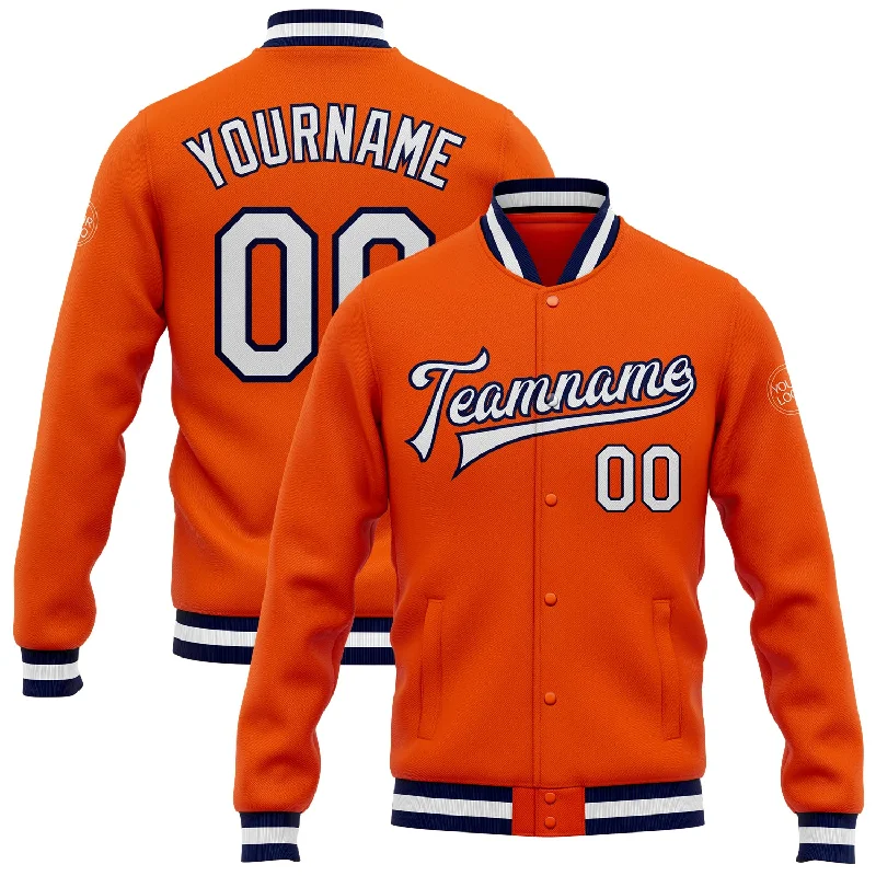 Fashionable Fleece-Lined Zip Jacket for Cold Days-Custom Orange White-Navy Bomber Full-Snap Varsity Letterman Jacket