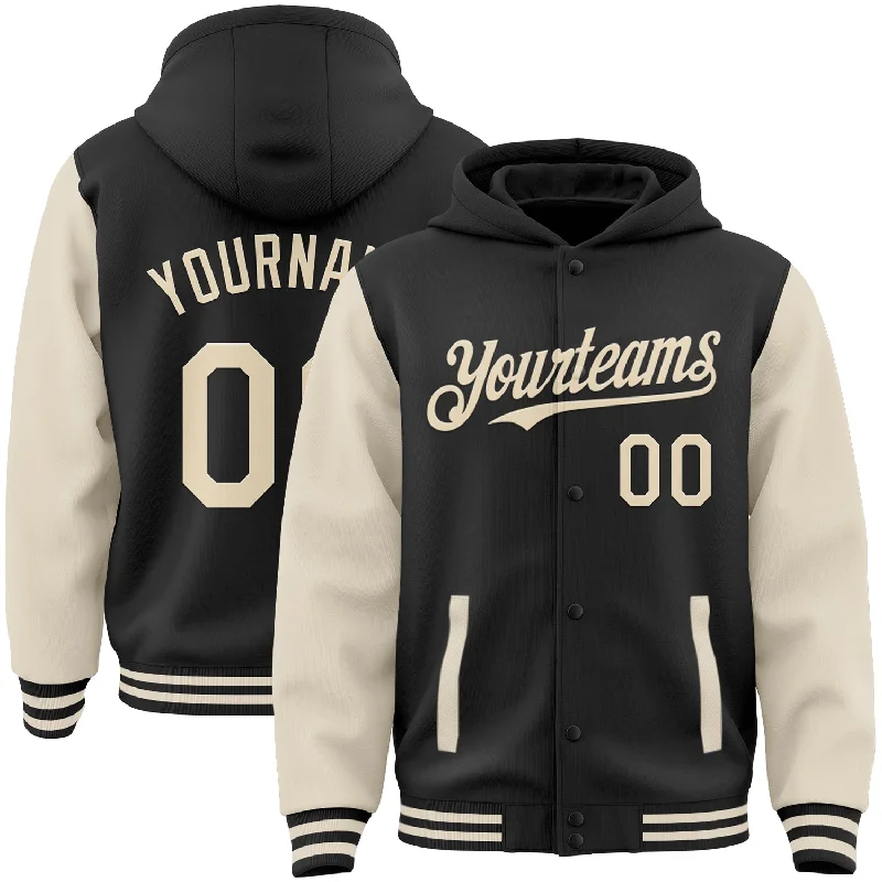 Lightweight Hooded Sweatshirt for Cool Days-Custom Black Cream Bomber Full-Snap Varsity Letterman Two Tone Hoodie Jacket