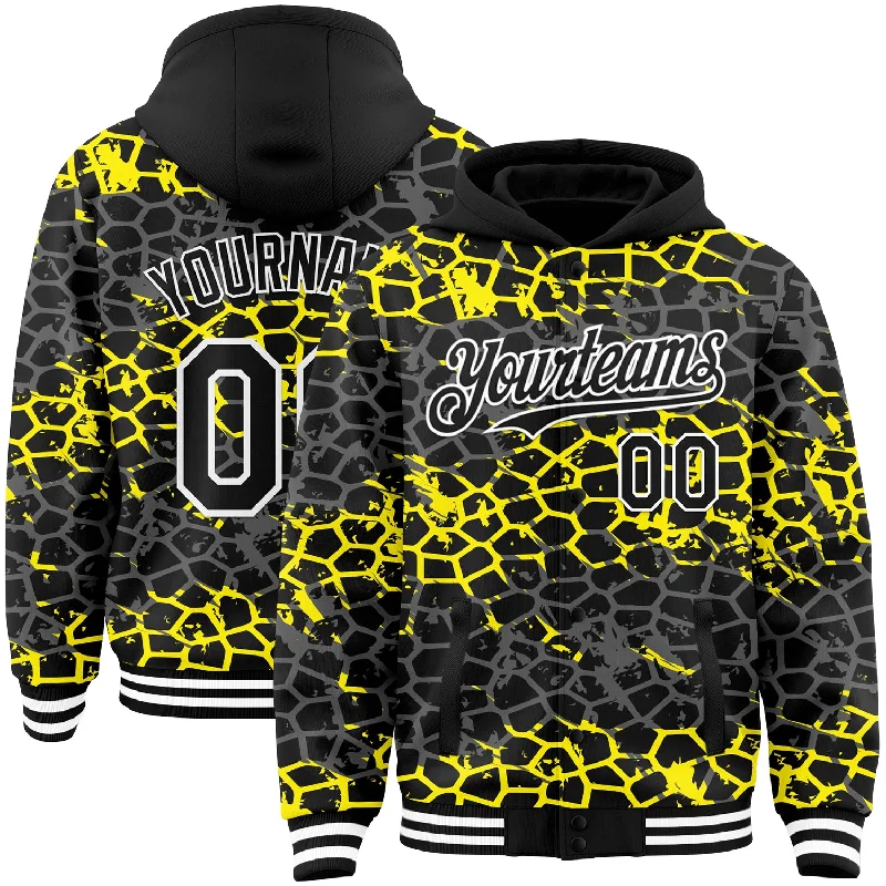 Breathable Hoodie for Hot Weather-Custom Black Light Yellow-White Abstract Network 3D Pattern Design Bomber Full-Snap Varsity Letterman Hoodie Jacket