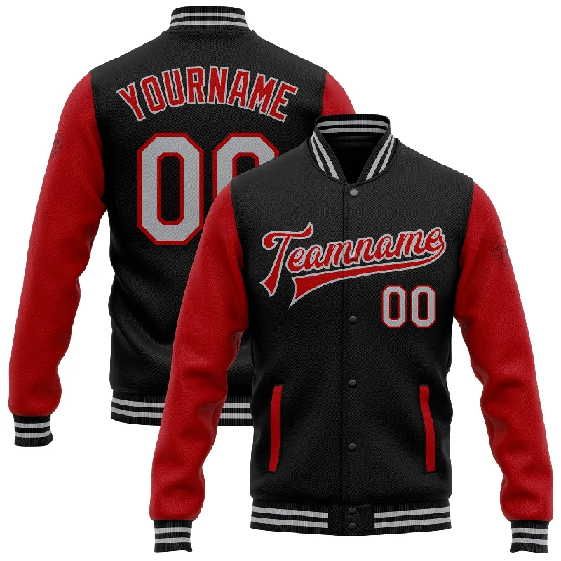 Performance Zip-Up Jacket for Running or Cycling-Custom Black Gray-Red Bomber Full-Snap Varsity Letterman Two Tone Jacket