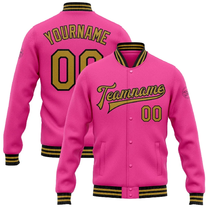 Stylish Faux Fur Jacket for Cold Weather Fashion-Custom Pink Old Gold-Black Bomber Full-Snap Varsity Letterman Jacket