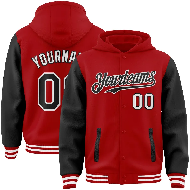 Trendy Cropped Hoodie for Casual Chic-Custom Red Black-White Bomber Full-Snap Varsity Letterman Two Tone Hoodie Jacket