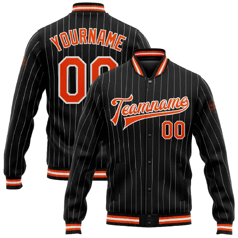 Classic Wool Coat Jacket for Timeless Style-Custom Black White Pinstripe Orange Bomber Full-Snap Varsity Letterman Jacket