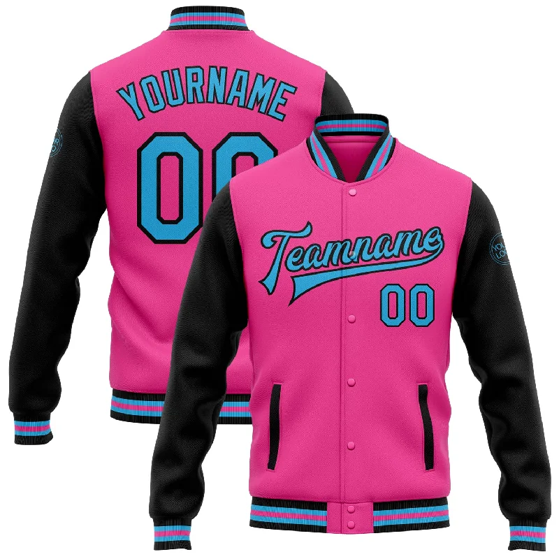 Thermal Insulated Jacket for Extreme Cold-Custom Pink Sky Blue-Black Bomber Full-Snap Varsity Letterman Two Tone Jacket