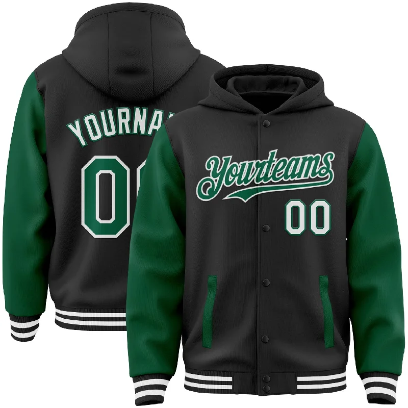 Comfortable Hoodie with Zipper Closure for Easy Wear-Custom Black Kelly Green-White Bomber Full-Snap Varsity Letterman Two Tone Hoodie Jacket